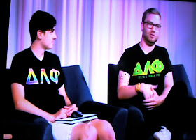 Gay Delta Lamda Phi frat frat boys Chris Hands and Ryan Lopez at Oregon State University are interviewed by Cory Zimmerman on a student TV station computer game show circa Aug. 16, 2017