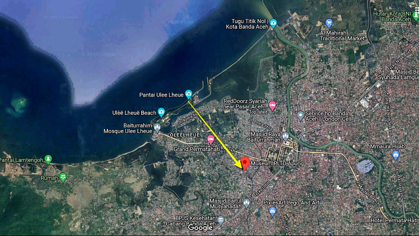 direction and distance  of PLTD Apung 1 Power Ship swept by tsunami in Banda Aceh