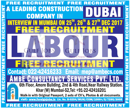 Leading construction co Large Jobs for Dubai - Free Recruitment