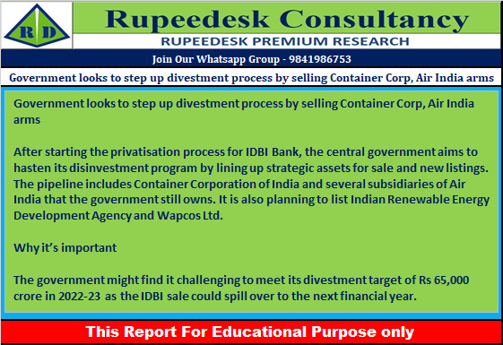 Government looks to step up divestment process by selling Container Corp, Air India arms - Rupeedesk Reports - 14.10.2022