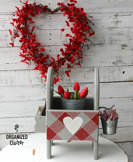 DIY One Piece Valentine's Day Decor From Thrifted Finds #valentinesday #oldsignstencils #buffalocheck #upcycle #repurpose #thriftshopmakeover