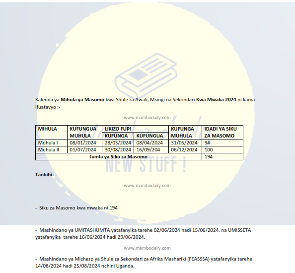 Kalenda ya Mihula Ya Masomo 2024| Academic Semesters Calendar 2024