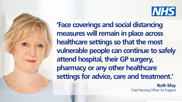 Calmly smiling lady from NHS England with text quote about facemasks