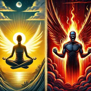 A symbolic illustration showing the contrast between acceptance and resentment—one side depicting a calm, glowing figure embracing challenges, leading to success, and the other side showing an angry figure engulfed in red flames, symbolizing destruction.