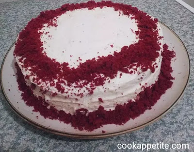 This is the recipe I use for both cupcake recipe and layer cake recipe, it never disappoints. I love my red velvet cake with cream cheese frosting. It always gives me a buttery, moist and soft cake. A two layer red velvet cake with frosting made from scratch. A velvet cake is a perfect treat on Christmas and other special occasions.