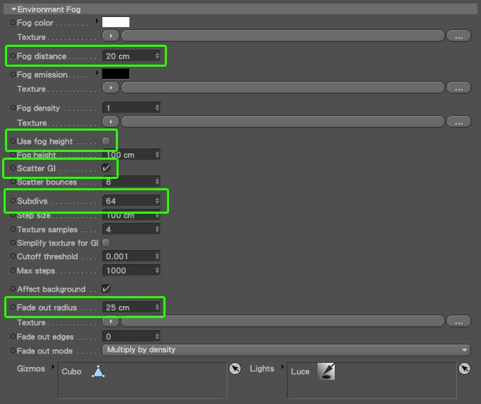 Parametri Environment Fog - nuvole con cinema4D e Vray