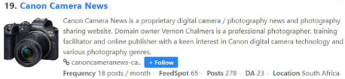 Canon Camera News features in Feedspot Top 100 Camera Blogs