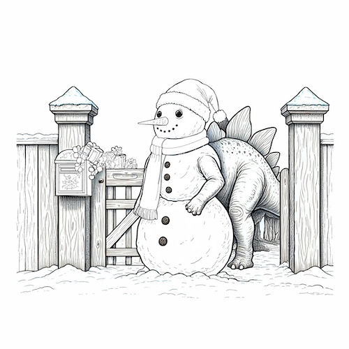 Stegosaur behind a Snowman