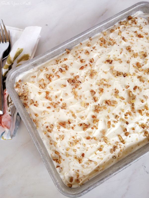 Preacher Cake! This tender, moist cake recipe with crushed pineapple, pecans, coconut and cream cheese frosting is an old Southern tradition to serve when the preacher comes by for a visit!