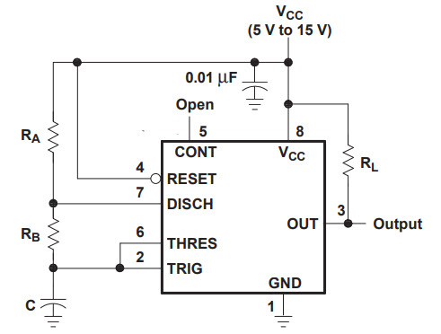 555 timer circuit in astable multivibrator mode