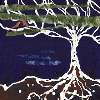 "White Tree" an abstracted tree painting by Haley McAndrews. The roots, trunk, and branches of the tree are white, background is dark blue, and the leaves are collaged strips of tissue paper across the canvas. There are black birds sitting on the ground, with two copper birds in the branches.