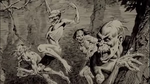 Closeup of ghouls jumping in the forest. By John Bolton Illustrator for the movie The Ghouls The Monster Club