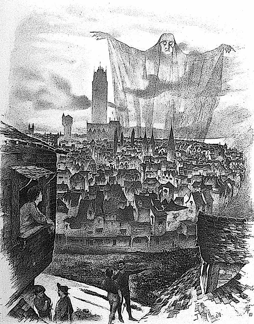 a W.V. Cockburn illustration of disease plague entering a city
