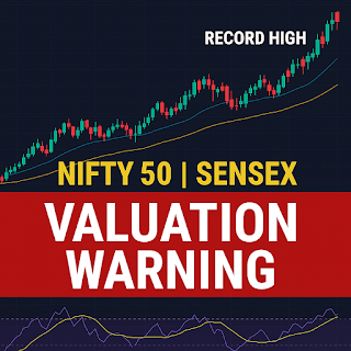 Nifty 50 and Sensex stock market chart showing record highs with a bold 'Valuation Warning' overlay and technical indicators in the background. A dramatic financial infographic for May 2025 market analysis.