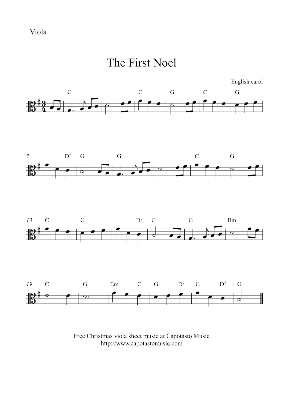 Free easy Christmas viola sheet music - The First Noel