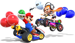 artwork of Mario fighting Inkling Girl on karts