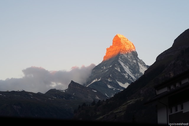 The Matterhorn at sun rise, at the time when the first rays of the sun hit its tip.