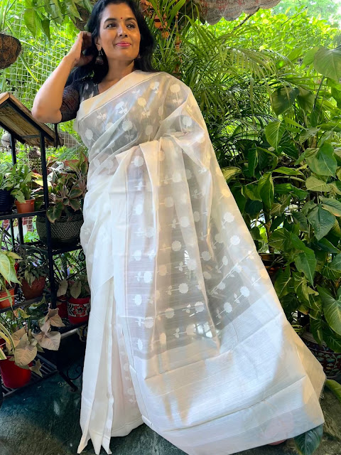 Silk Chanderi saree. White on white.