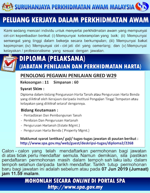 Permohonan Jawatan Kosong Penolong Pegawai Penilaian W29 2019