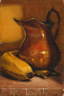 Oil painting of a banana beside a copper jug.