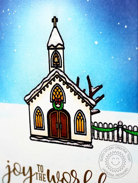 Sunny Studio Stamps: Christmas Chapel and Festive Greetings Night Sky Background Christmas Card by Vanessa Menhorn