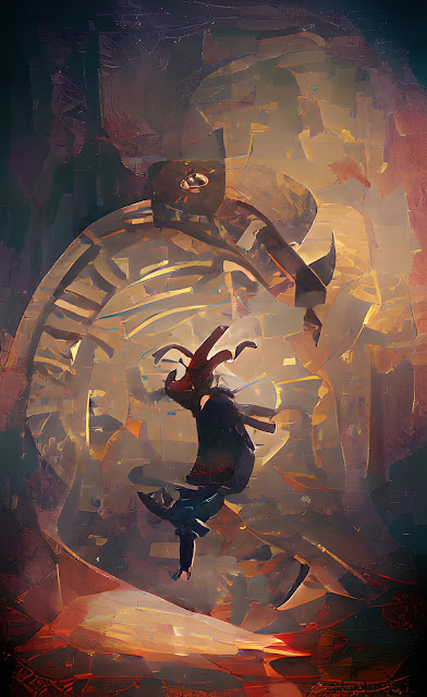 An AI-generated image of a figure jumping through the face of a clock