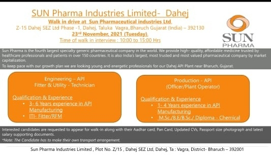 Job Availables,Sun  Pharma Industries Limited Walk-In-Interview For BSc/ MSc/ B.E./ Diploma- Chemical/ Diploma in EHS/ PDIS/ ITI- Fitter/ RFM
