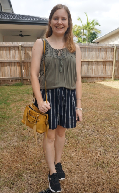 olive embroidered tank with navy stripe culotte shorts, mustard rebecca minkoff micro regan and new balance sneakers | away from blue