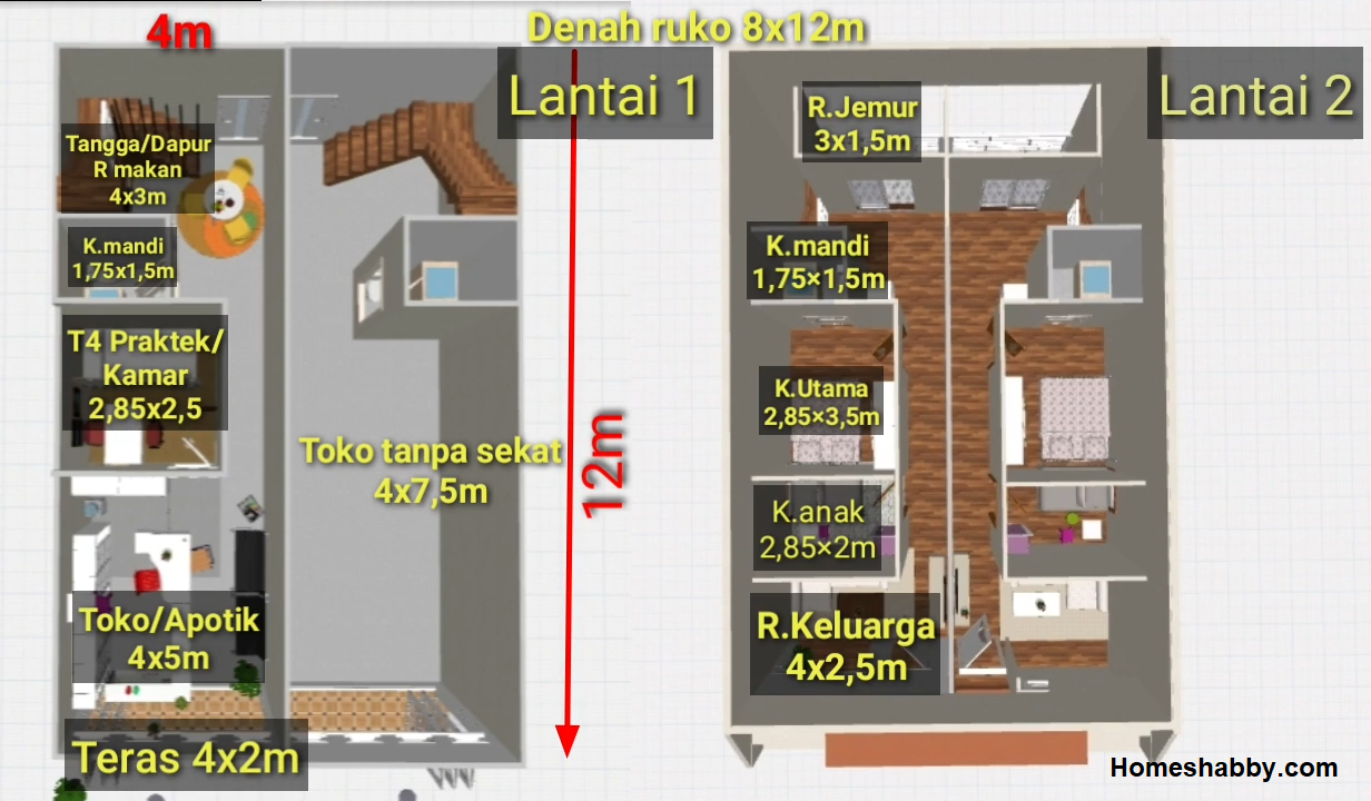 Desain dan Denah Rumah Toko Mnimalis Ukuran 4 x 12 M 2 