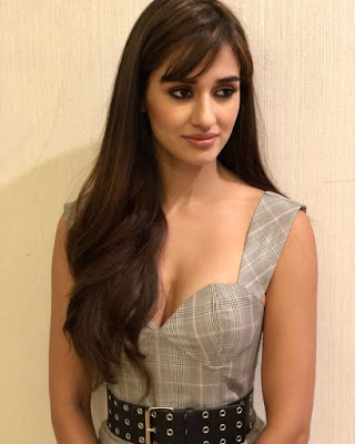 Disha Patani wearing deep v neck grey sheath dress popping her huge boobs out