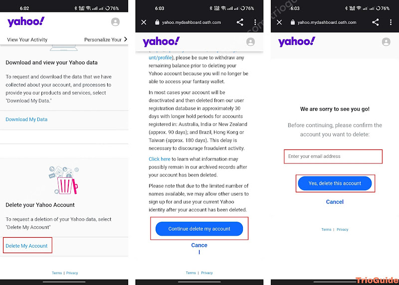 Delete Yahoo Email Account on Android iphone 