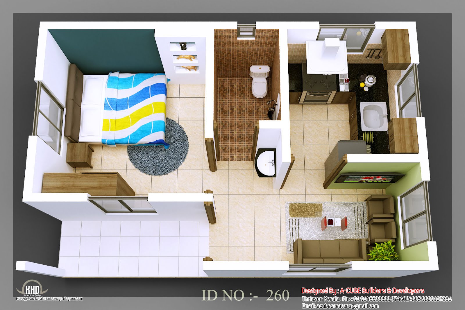 3D isometric views of small house plans Indian Home Decor