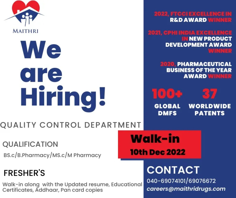 Job Availables, Maithri Walk-in interview For Fresher in  Quality Control