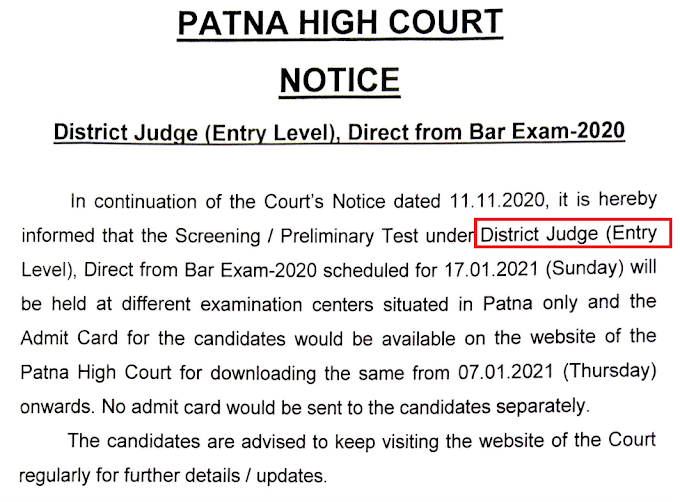 NOTICE PATNA HIGH COURT  - District Judge (Entry Level), Direct from Bar Exam-2020 