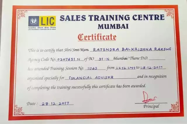 01 LIC Agency Certificate of Mr Rajendra Rakshe