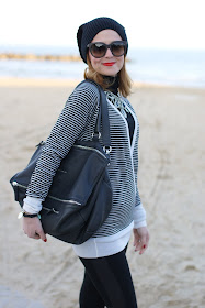 striped sweater, black and white outfit, Dolce & Gabbana red lipstick