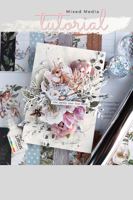 Mixed media vignette panel made with P13 Forest Tea Party collection and Prima Marketing effect past and paper flowers