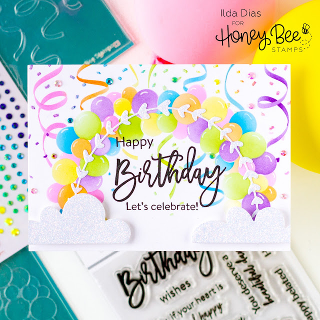 Stencilled, Birthday, Balloon, Arch, Card,Honey Bee Stamps, Card Making, Stamping, Die Cutting, handmade card, ilovedoingallthingscrafty, Stamps, how to,Ink Blending, rainbow, celebration, streamers