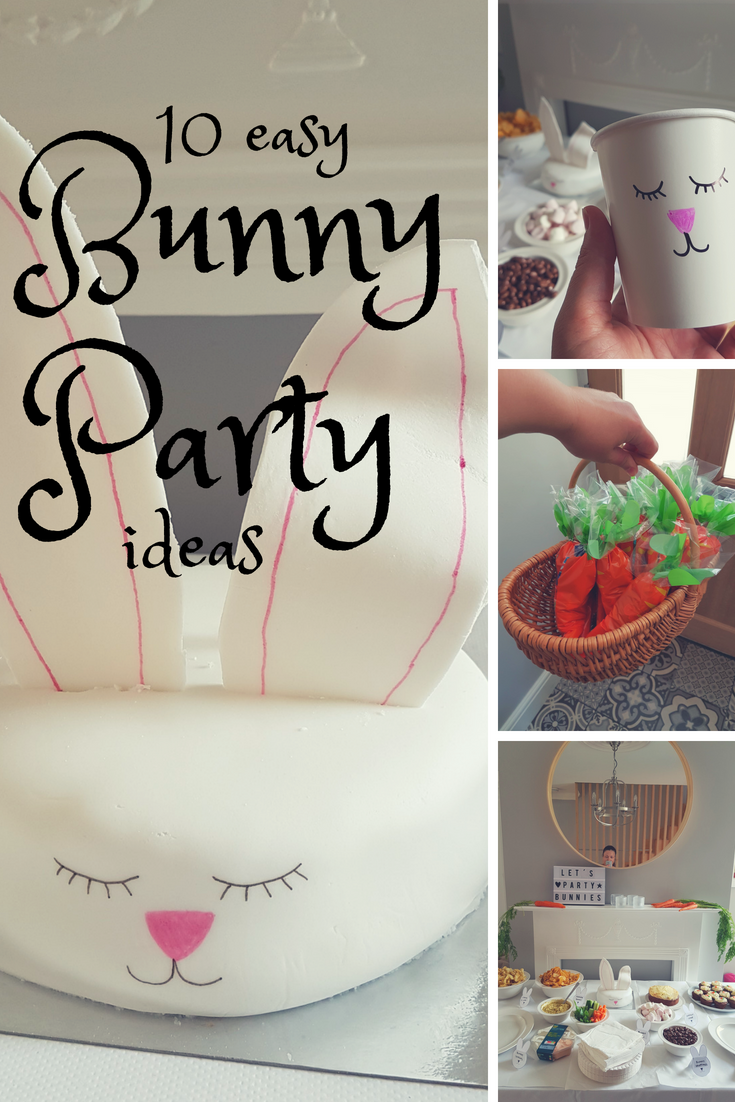 Loads of simple and quick ideas for hosting a bunny party - including decorations, party bags, easy bunny-themed food and a simple cake decorating idea. Great ideas for a bunny birthday or a Easter themed party. 