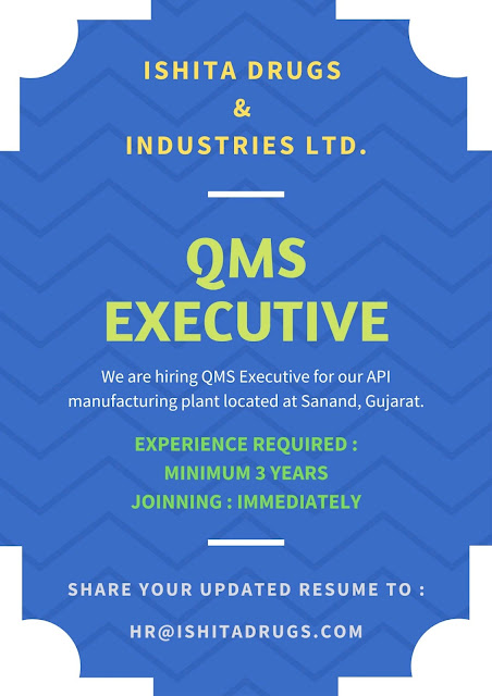 Job Availables, Ishita Drugs & Industries Ltd Job Vacancy For QMS Executive