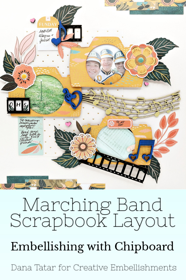 Marching band scrapbook page embellished with chipboard camera photo frames, film strips, music note border, and wood veneer music notes.