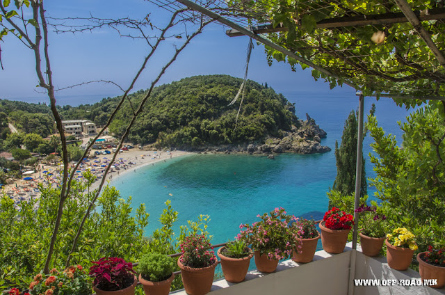 View at Sarakiniko beach, Greece from Taverna Agali