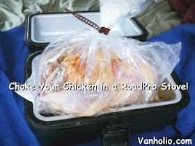 Cooking a whole chicken in an oven bag within a RoadPro 12 volt Stove