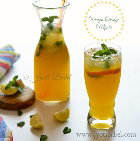 Virgin Orange Mojito is a perfect non-alcoholic party drink. With orange juice, a dash of ginger juice and aerated drink, this is simple, fuss-free recipe. Check the recipe at www.jyotibabel.com