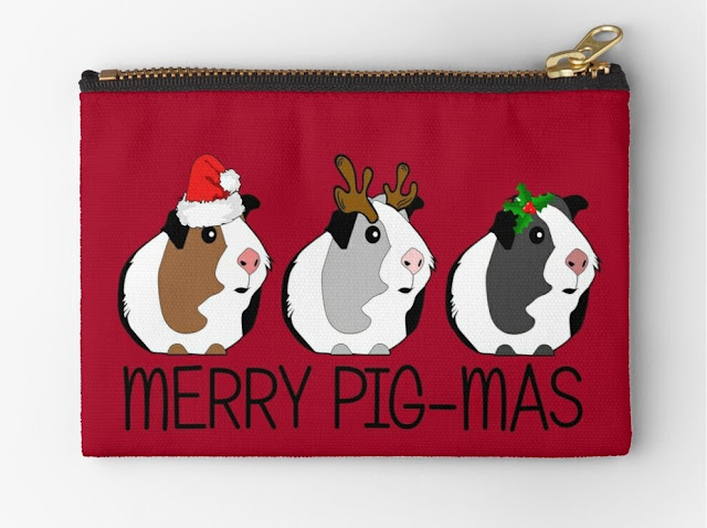 A dark red zipped coin purse, featuring a line of three cute guinea pigs wearing Christmas accessories, over the words Merry Christmas