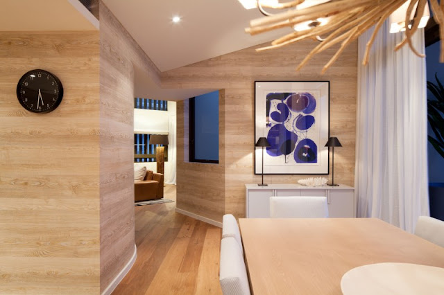 Photo of beautiful bright wooden walls as seen from the dining room