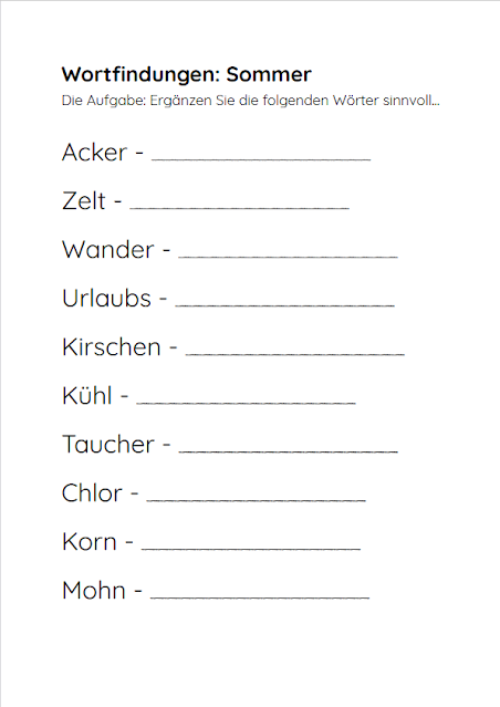 PDF Datei Arbeitsblatt zum Ausdrucken: Wortfindungen - Sommer