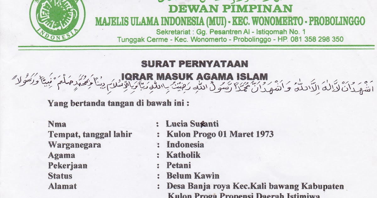 Contoh Surat Pernyataan Masuk Islam - Contoh Miri