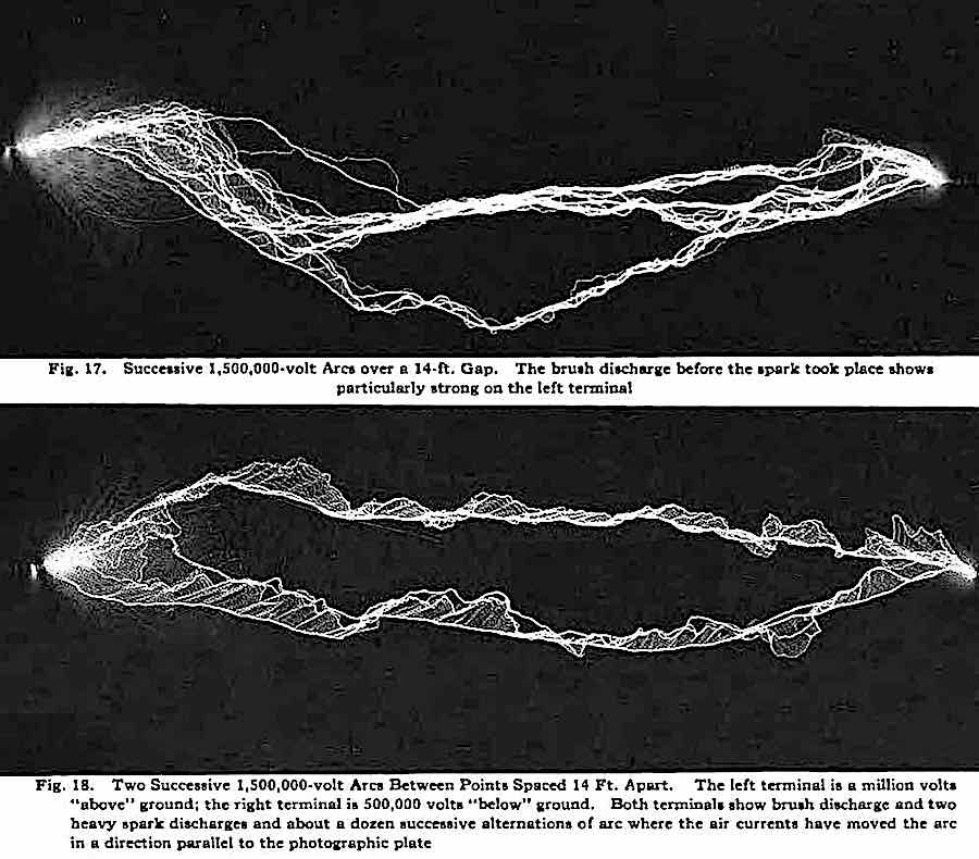 1922 photographs of Successive 1,500,000-volt arcs over a 14 foot gap
