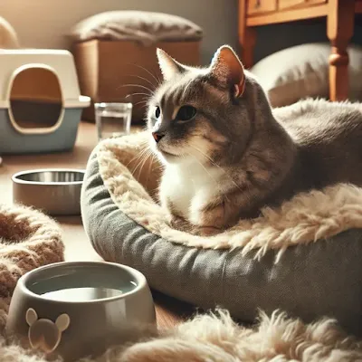 Senior cat in a comfortable indoor environment with soft bedding and accessible essentials for easy access.